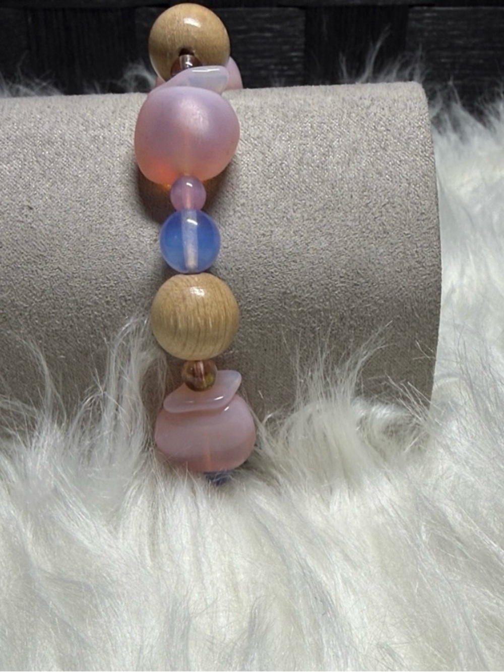 Pastel Pink & Blue Beaded Bracelet with Wood Accents
